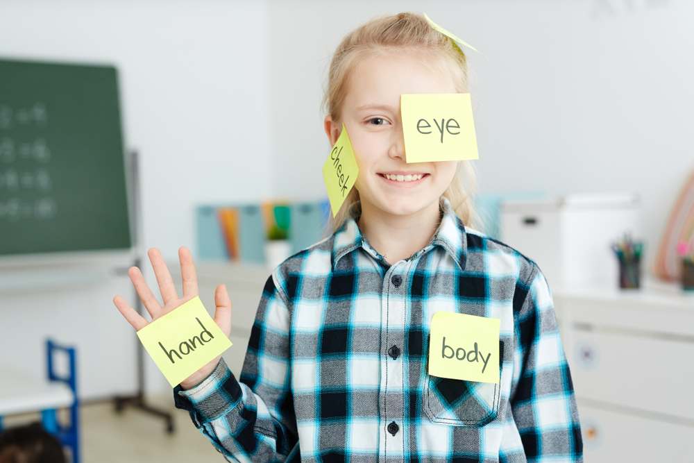 Inglês para iniciantes: menina com post-its colados em seu corpo. Neles, existem palavras em inglês.